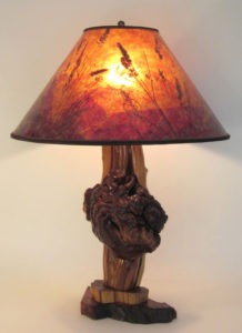 Rustic Cedar Burl Lamp, “Sunset” Mica Shade, By Sue Johnson - Sue Johnson