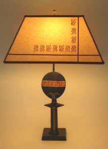t194b African Doll Table Lamp & Stenciled Parchment Paper Lamp Shade
