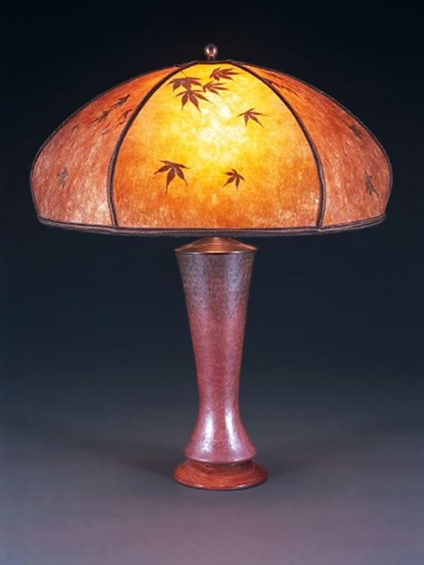 t97 Copper bedside lamp, Amber Bent Mica Lampshade