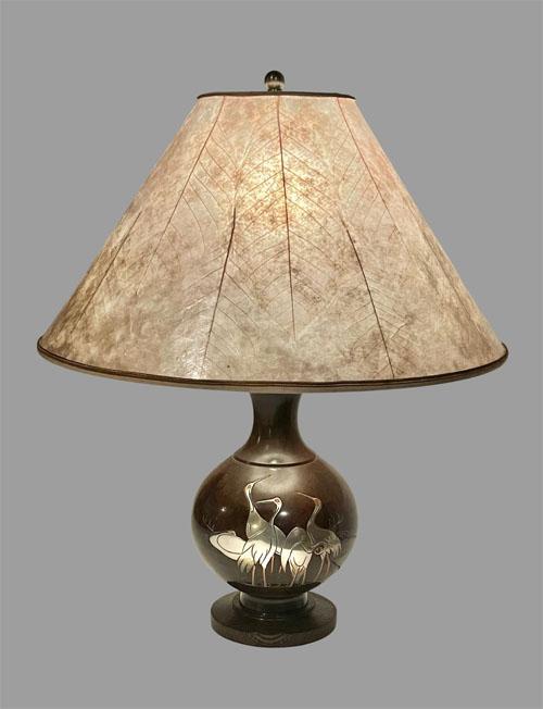 Sue Johnson 15 F Antique bronze lamp with "Polychrome Cranes"